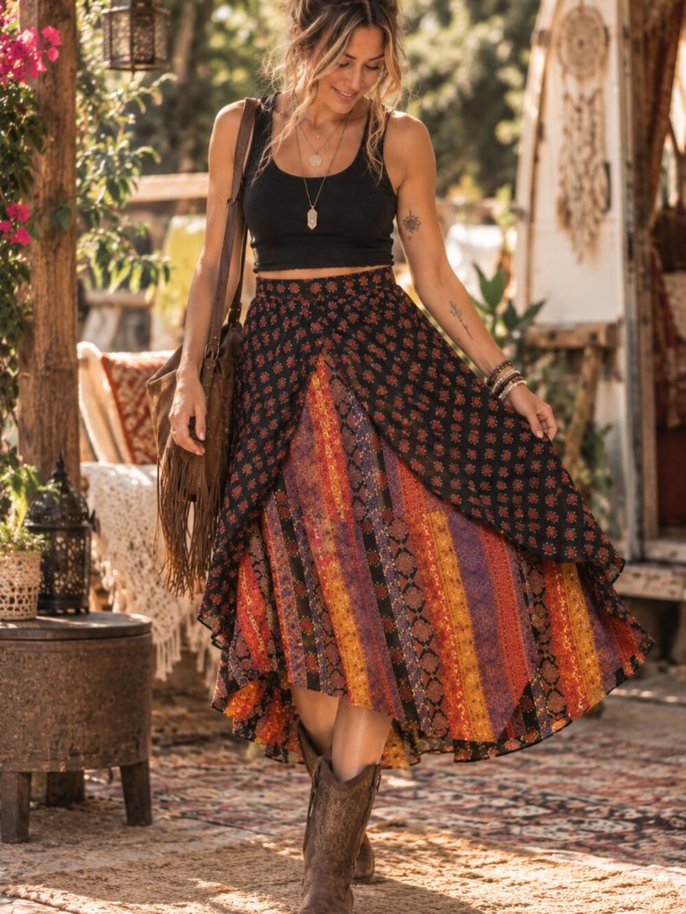 Carole Little Boho Mixed Print Flowy Maxi Skirt Artsy Festival Vintage